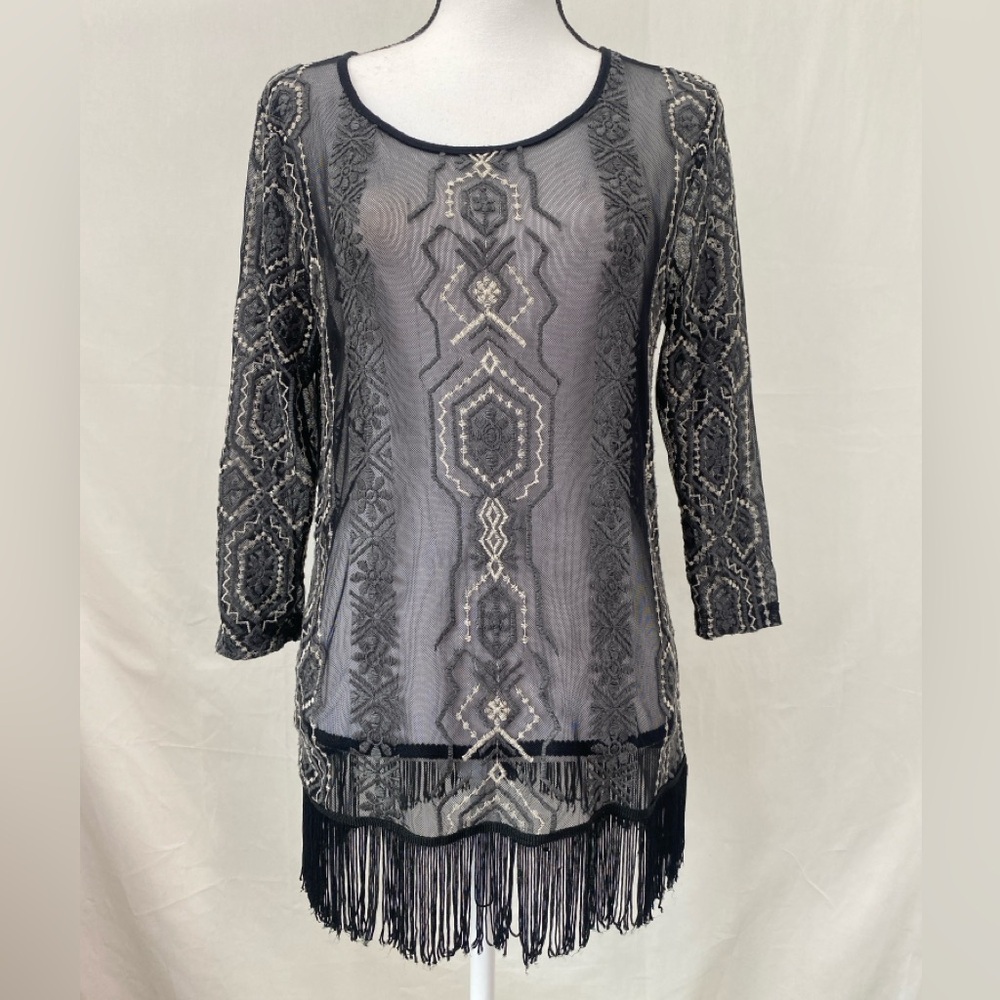 Maurices Black Sheer Aztec Southwestern Lace Fringe L/S Top Stretch size Medium